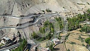 Aerial view of Basgo Village and  Basgo Monastery, also known as Basgo or Bazgo Gompa