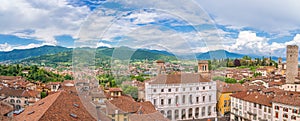 Aerial view of the Basilica of Santa Maria Maggiore and Cappella Colleoni in Citta Alta of Bergamo, Italy