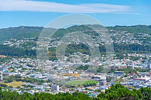 Aerial view of Basin reserve stadium, Dominion Museum Building and National War Memorial hall of Memories at Wellington, New