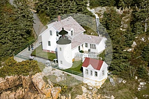 Aerial view of Bass Harbor Head Lighthouse, Acadia National Park, Maine, west side of Mount Desert Island