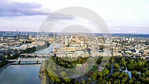 Aerial View of Battersea Power Station and Park in London feat Chelsea Bridge