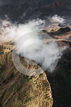 Aerial drone view of Batur volcano caldera in Bali