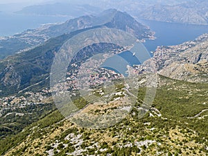 Aerial view of the Bay of Kotor, Boka. Scenic road overlooking the bay of the Kotor fjord. Winding roads to discover Montenegro.