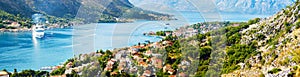 Aerial view of Bay of Kotor, Montenegro. Giant cruise liner