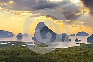 Aerial view of bay Samet Nangshe. Unseen viewpoint of island in the sea with mangrove forest in the morning. Samet Nangshe, Phang