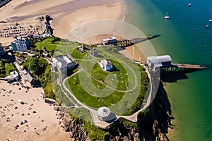 Aerial view of the beac and park in the Welsh town of Tenby