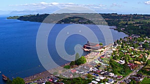 Aerial view of the beach and bay of the city of Frutillar