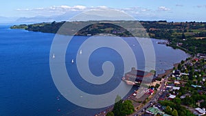 Aerial view of the beach and bay of the city of Frutillar