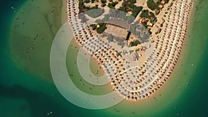 Aerial view of a beach in Blue Lagoon, Oludeniz Turkey. Mediterranean sea and public beach landscape