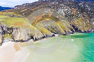 Aerial view of the beach and caves at Maghera Beach near Ardara, County Donegal - Ireland