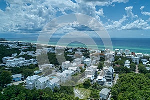 An Aerial View of a 30A Beach Community with a Beautiful Gulf of Mexico in the Background