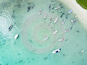 Aerial view beach front with fishing boats