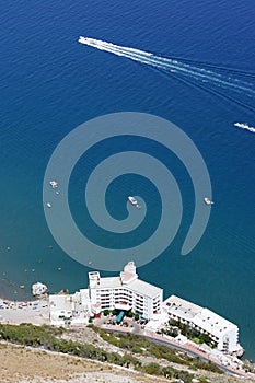 Aerial view of beach and hotel on Gibraltar