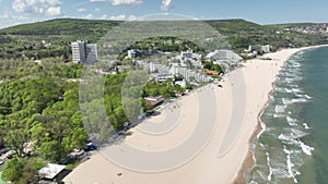 Aerial view of the beach and hotels in Albena, Bulgaria.