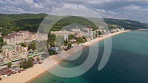 Aerial view of the beach and hotels in Golden Sands, Zlatni Piasaci. Popular summer resort near Varna, Bulgaria