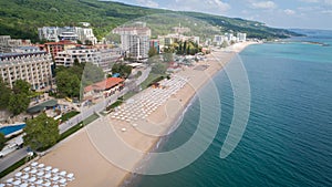 Aerial view of the beach and hotels in Golden Sands, Zlatni Piasaci. Popular summer resort near Varna, Bulgaria