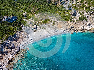 Aerial view of the beach at Kastro, Skiathos island