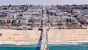 aerial view of beach landscape around Manhattan Beach Pier and along Manhattan Beach Blvd