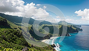 Aerial View of a Beach with Mountains in the Background on tropical island paradise at sunrise sunset, Imagine photo