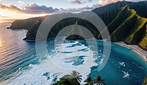 Aerial View of a Beach with Mountains in the Background on tropical island paradise at sunrise sunset photo