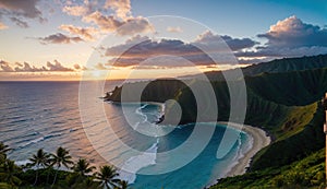 Aerial View of a Beach with Mountains in the Background on tropical island paradise at sunrise sunset photo