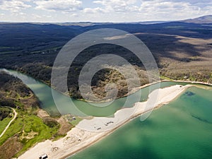 Aerial view of beach at the mouth of the Veleka River, Bulgaria