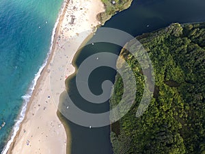 Aerial view of beach at the mouth of the Veleka River, Bulgaria