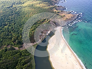 Aerial view of beach at the mouth of the Veleka River, Bulgaria