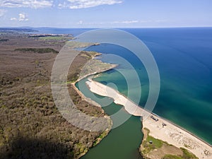 Aerial view of beach at the mouth of the Veleka River, Bulgaria