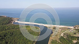 Aerial view of beach at the mouth of the Veleka River, Bulgaria