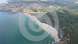 Aerial view of beach at the mouth of the Veleka River, Sinemorets village, Bulgaria