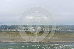 Aerial view of the beach at Ocean Shores, Washington in June 2023