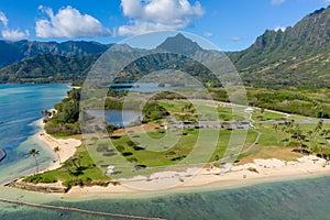 Aerial view of Kualoa regional park with mountains in background photo