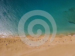 Aerial view of the beach Playa de Las Conchas in the north of La Graciosa, Lanzarote. Canary island. Spain.