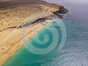 Aerial view of the beach Playa de Las Conchas in the north of La Graciosa, Lanzarote. Canary island. Spain.