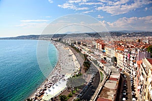 Aerial view of the beach and promenade of Nice a France