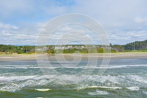 Aerial view of the beach at Seabrook, Washington in June 2023