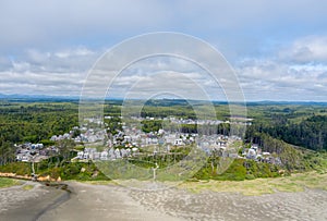 Aerial view of the beach at Seabrook, Washington in June 2023