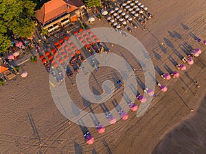 Aerial view of the beach in Seminyak in evening, Bali Island