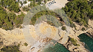 Aerial view of a beach surrounded by lush vegetation and crystal-clear blue water