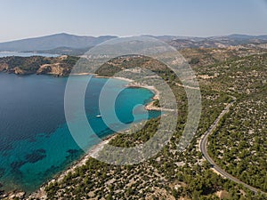 Aerial view of a beach in Thasos, Greece.