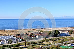 Aerial View Of The Beach On Turkish Riviera. Evrenseki, Side, Mediterranean Sea Coast, Touristic Beach Antalya