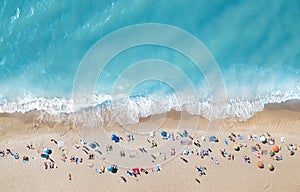 Aerial view at the beach. Turquoise water background from top view. Summer seascape from air.