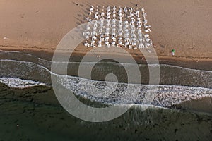 aerial view of beach with umbrellas down, sand and sea waves landscape