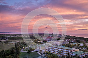 Aerial view of the beach of Varadero in Cuba at sunset