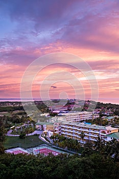 Aerial view of the beach of Varadero in Cuba at sunset