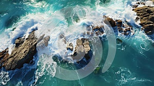 Aerial View of Beachscape white Sand Beach Surrounded by Crystal-Clear Turquoise Waves