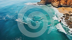 Aerial View of Beachscape white Sand Beach Surrounded by Crystal-Clear Turquoise Waves