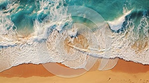 Aerial View of Beachscape white Sand Beach Surrounded by Crystal-Clear Turquoise Waves