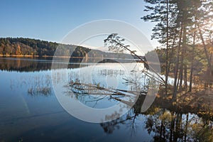 Aerial view on beatiful lake Bolduk in the autumn sunny morning